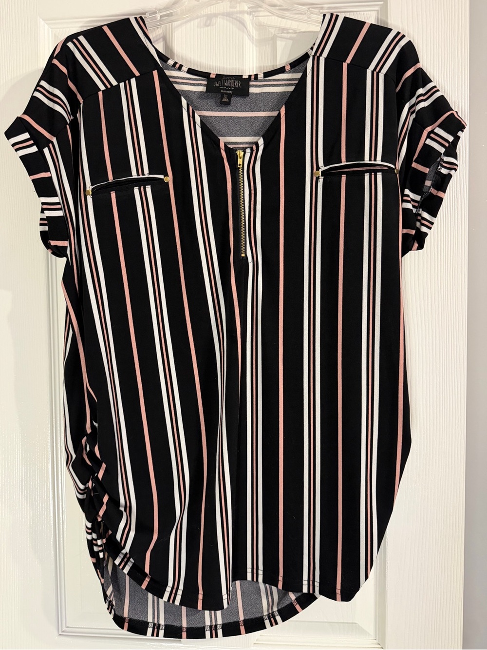 Sweet Wanderer Black, Pink & White Striped Zip-Front Blouse